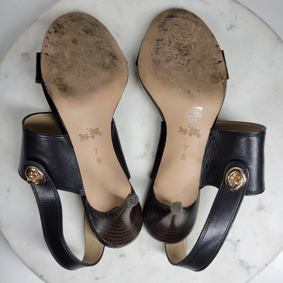 Coach Marla Slingback Heels Womens 7 Black Leather Turn Lock Open Toe Sandals - Picture 8 of 16